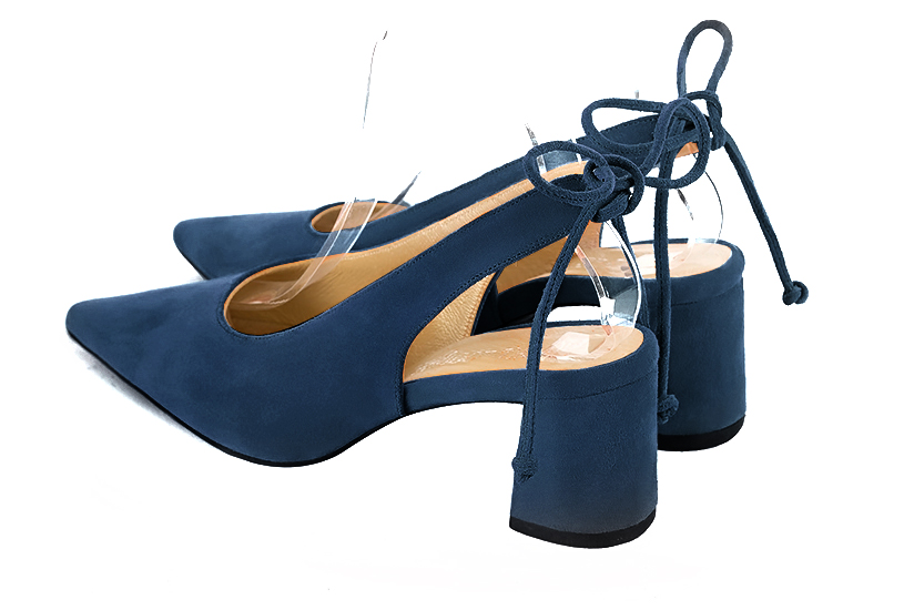 Navy blue women's slingback shoes. Pointed toe. Medium flare heels. Rear view - Florence KOOIJMAN